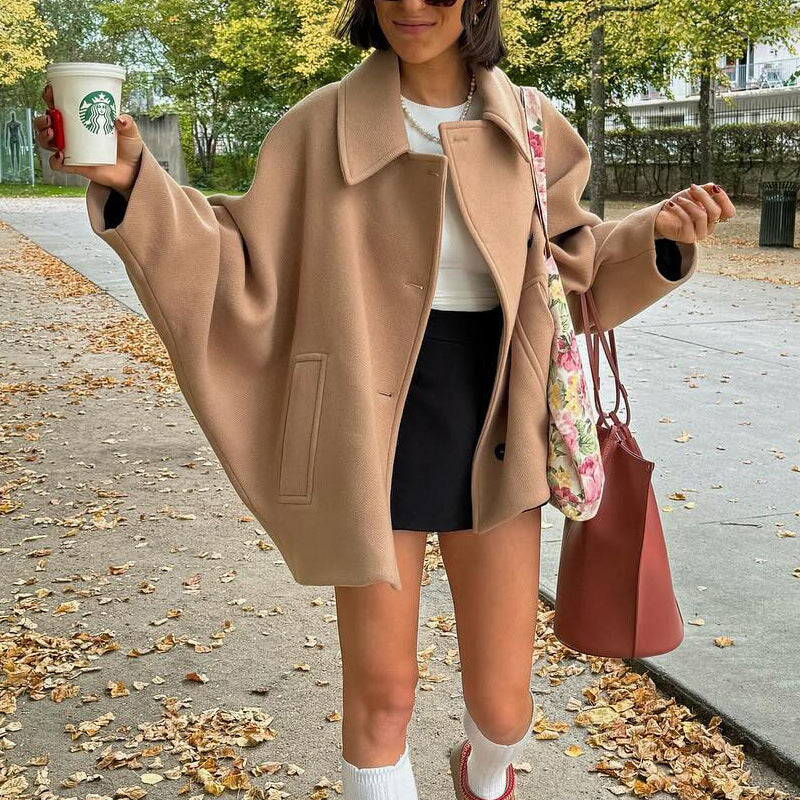 Women's Fall Winter Fashion Lapel Loose Woolen Coat Outerwear
